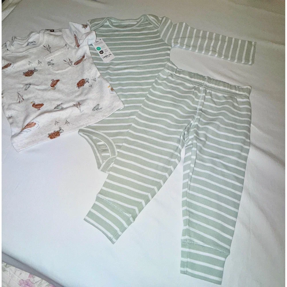 Carter's Child of Mine 3pc Outfit Set 12M Green White NEW Stripes Duck Print